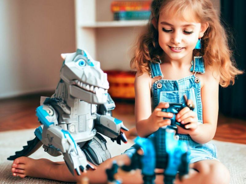 Nena construint un robot de joguina